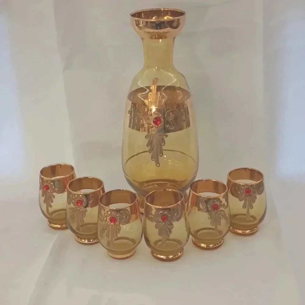 Vintage Italian amber glass  decanter shot set